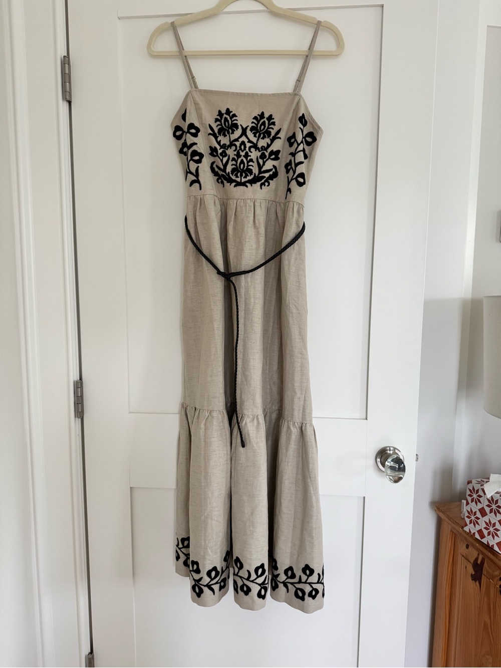Lucky Brand Embroidered belted tiered linen maxi dress - Picture 3 of 11